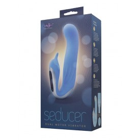 Голубой вибромассажер с клиторальной стимуляцией SEDUCER DUAL MOTOR DOLPHIN VIBRATOR - 15 см.